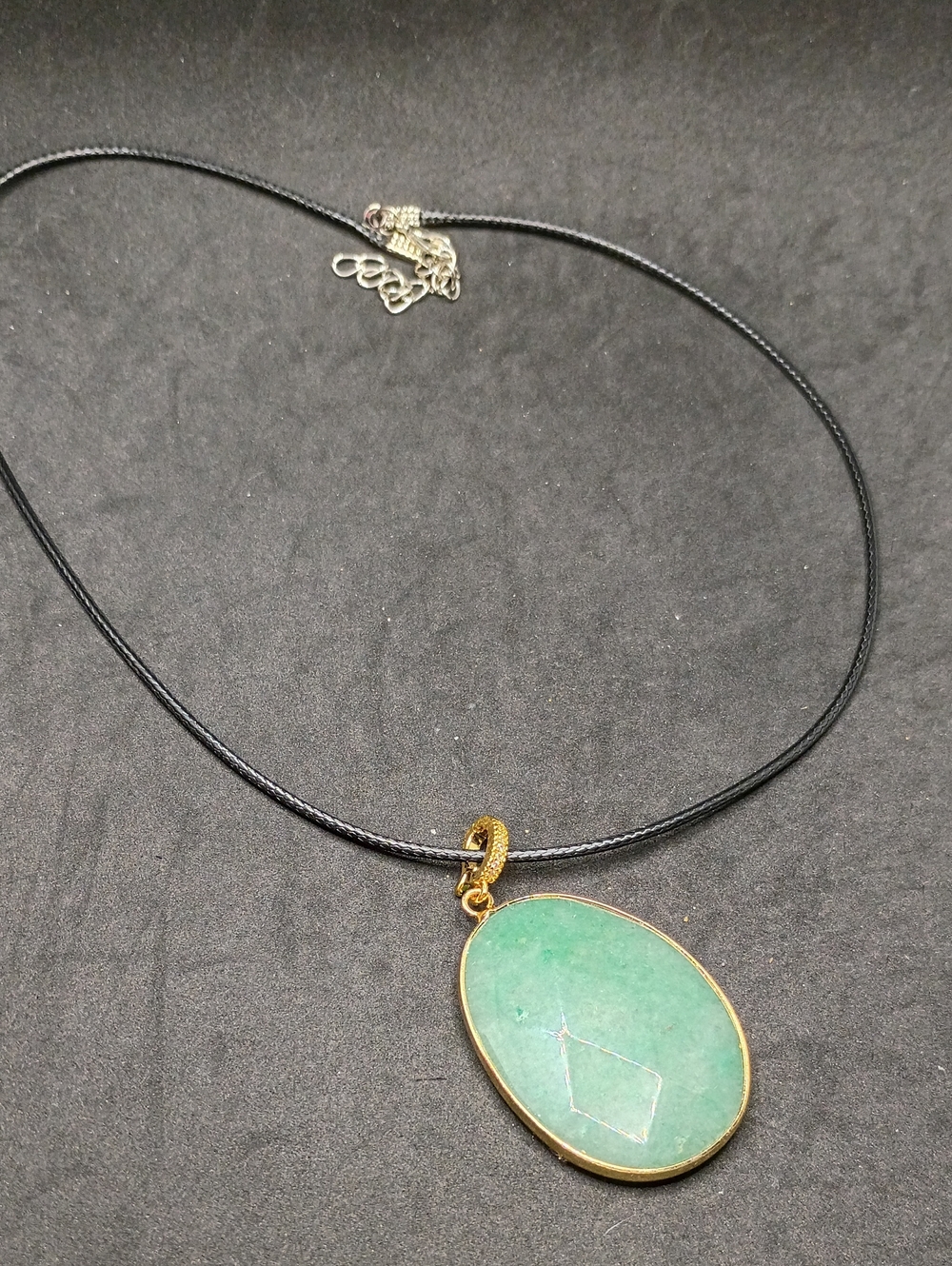 Hand Crafted Gold-Trim Green Oval Pendant on Black Cord